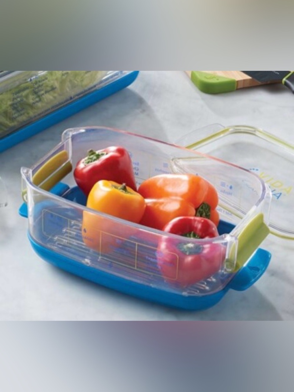 Princess House Clear Food Storage Bin with Blue Base and Green Handles